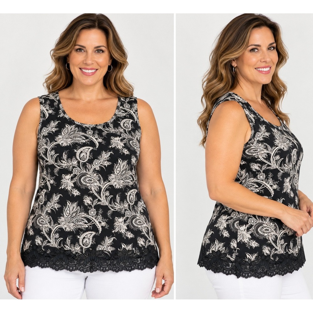 Coldwater Creek Paisley Printed Lace Tank Top Black White 1X 16W-18W NEW